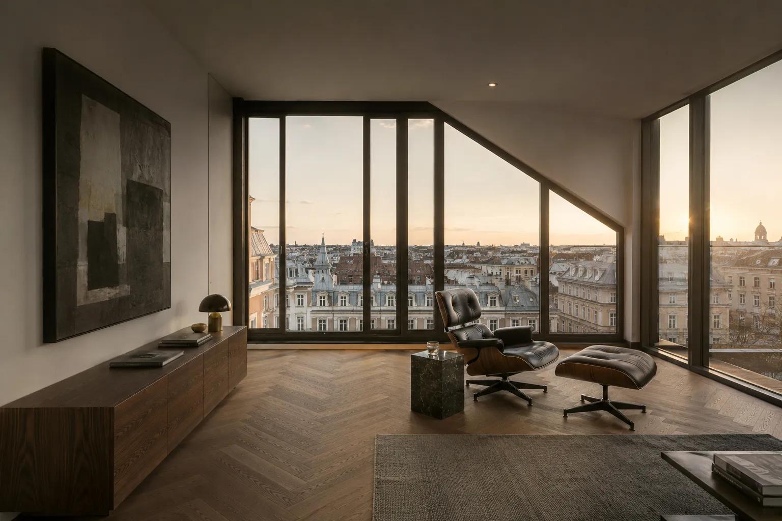 Penthouse mit Blick über Berliner Dächer im Abendlicht