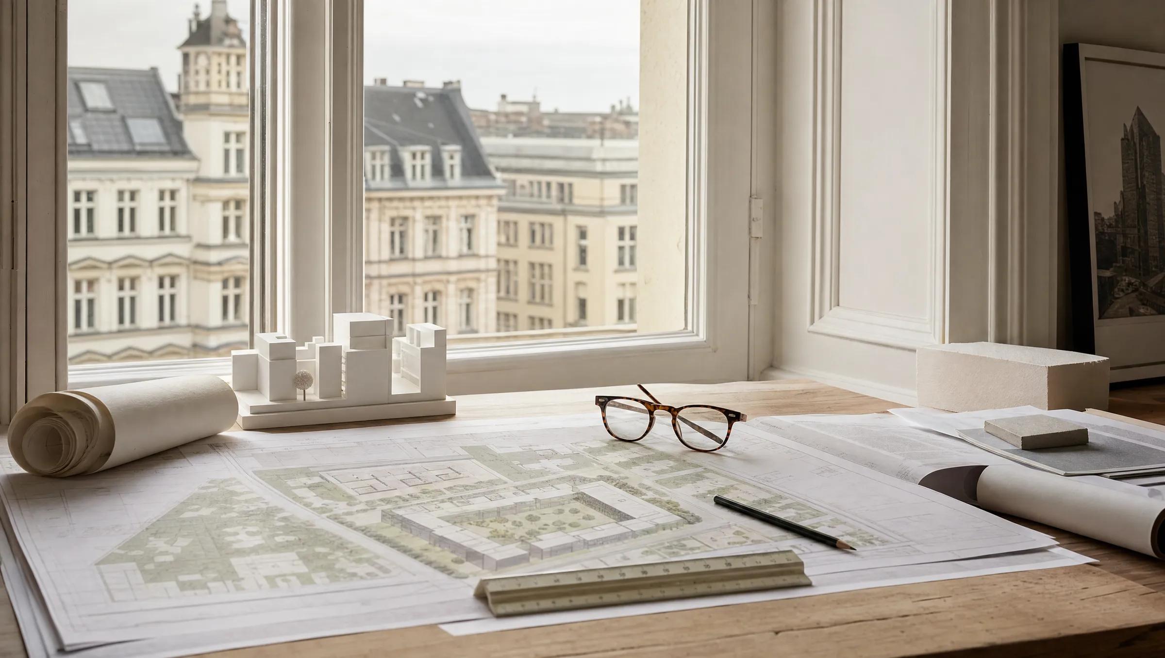 Architektentisch am Altbaufenster mit Bebauungsplan und Modell